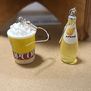 Handmade Novelty Earrings Popcorn and Pear Juice Bottle Fun Food Dangle Earrings
